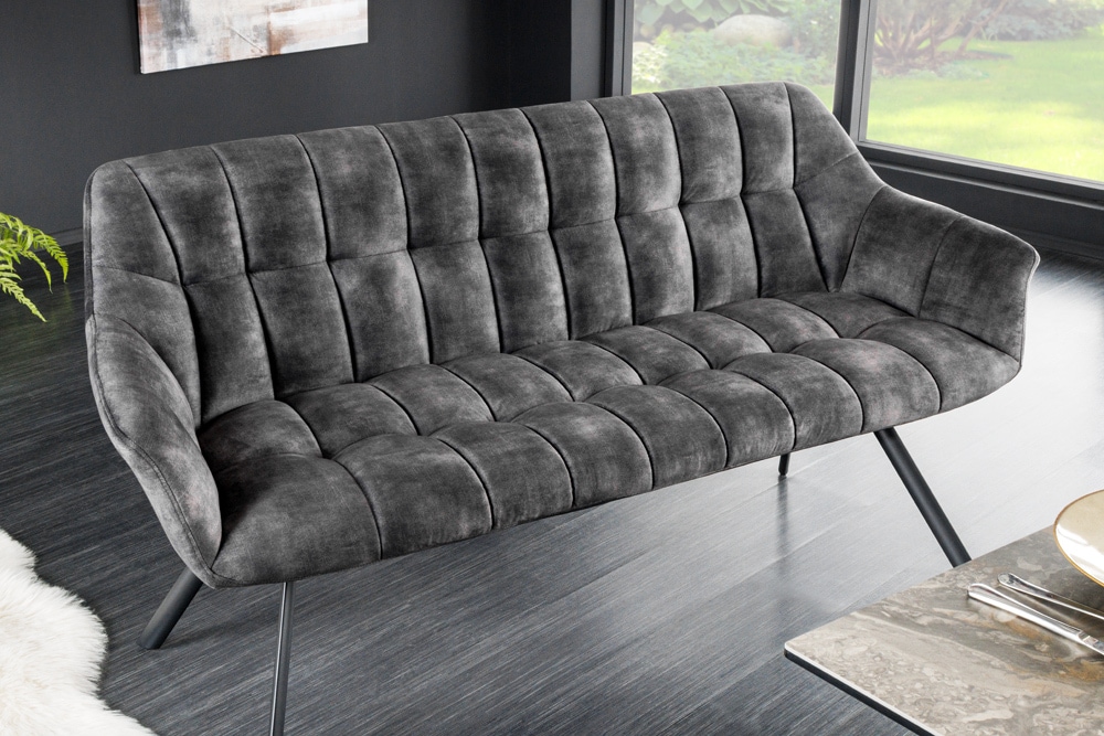 Esszimmer Sitzbank PAPILLON 165cm grau Samt mit Rückenlehne schwarzes Metallgestell