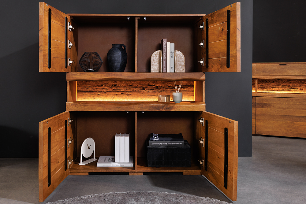 Massives Highboard GRAND 120cm braun Mangoholz mit LED-Beleuchtung