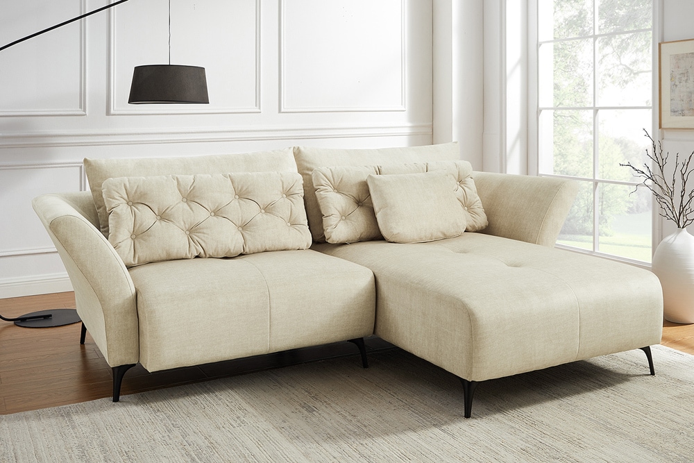 Modernes Ecksofa MARRAKESCH 265cm beige Samt 3-Sitzer inkl. Kissen Ottomane rechts