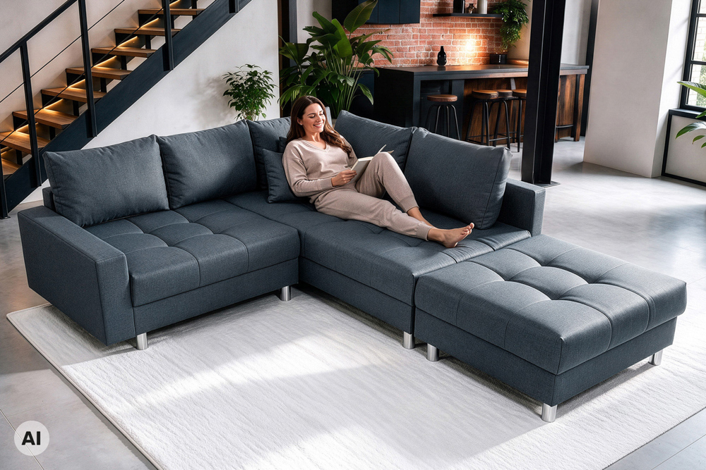 Moderne Wohnlandschaft KENT 220cm anthrazit Ecksofa Federkern inkl. Hocker und Kissen