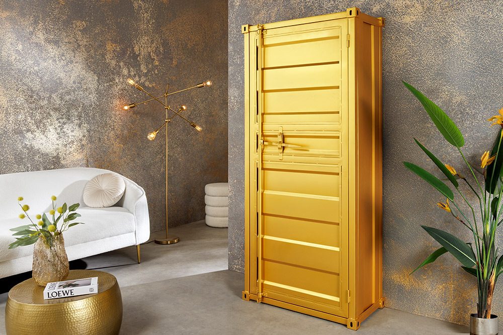 Design Aktenschrank GLOBETROTTER 180cm gold Eisen Container Upcycling Highboard