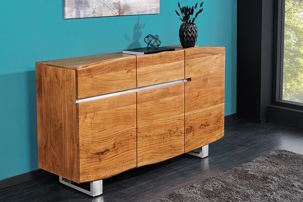 Massivholz Sideboard MAMMUT 135cm Akazie Kommode mit Schubladen Baumkante Edelstahl