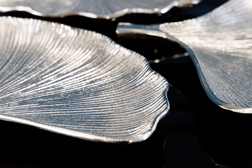Dekoratives Schalen 3er Set GINKGO 30cm silber handmade Metall