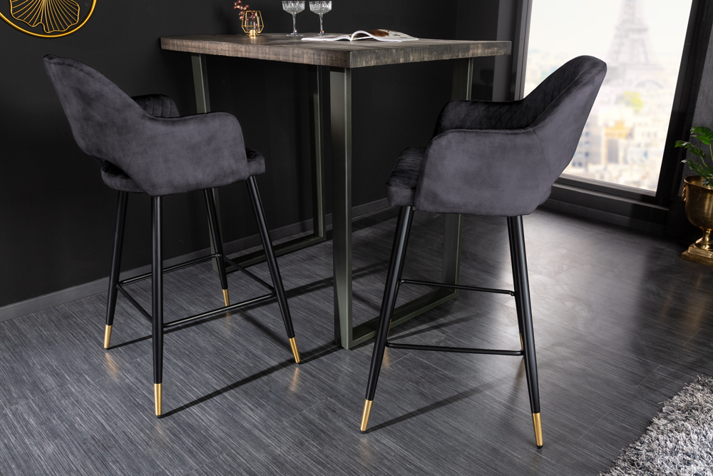 Design Barhocker PARIS grau Samt mit Lehne Metall schwarz gold Ziersteppung