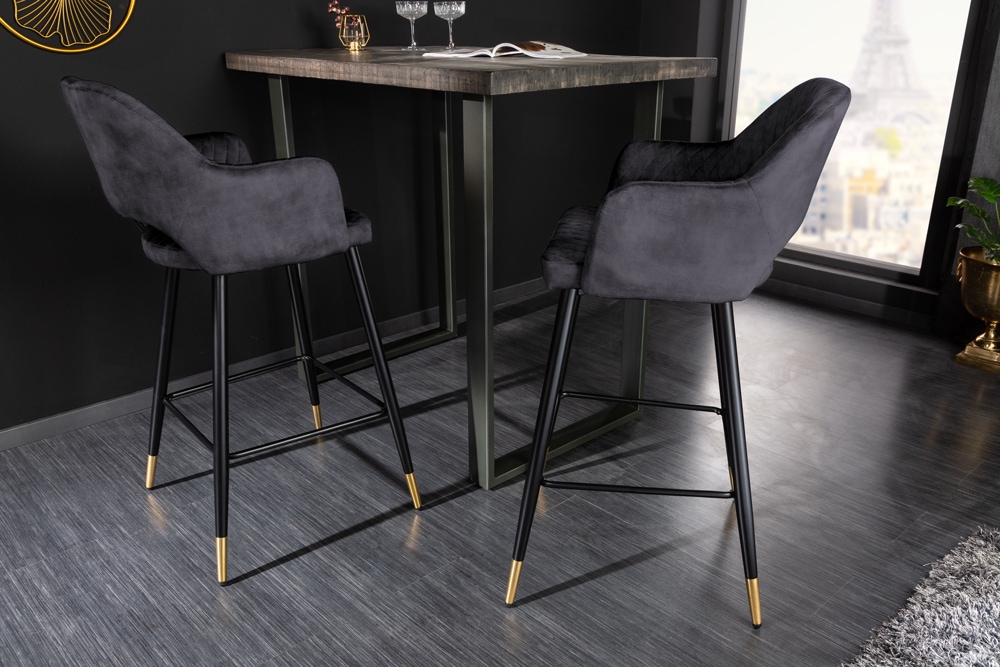 Design Barhocker PARIS grau Samt mit Lehne Metall schwarz gold Ziersteppung Design Barhocker PARIS grau Samt mit Lehne Metall schwarz gold Ziersteppung