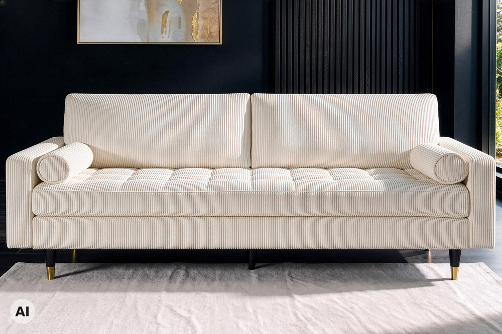3er Sofa COZY VELVET 220cm beige Cord mit goldener Kappe