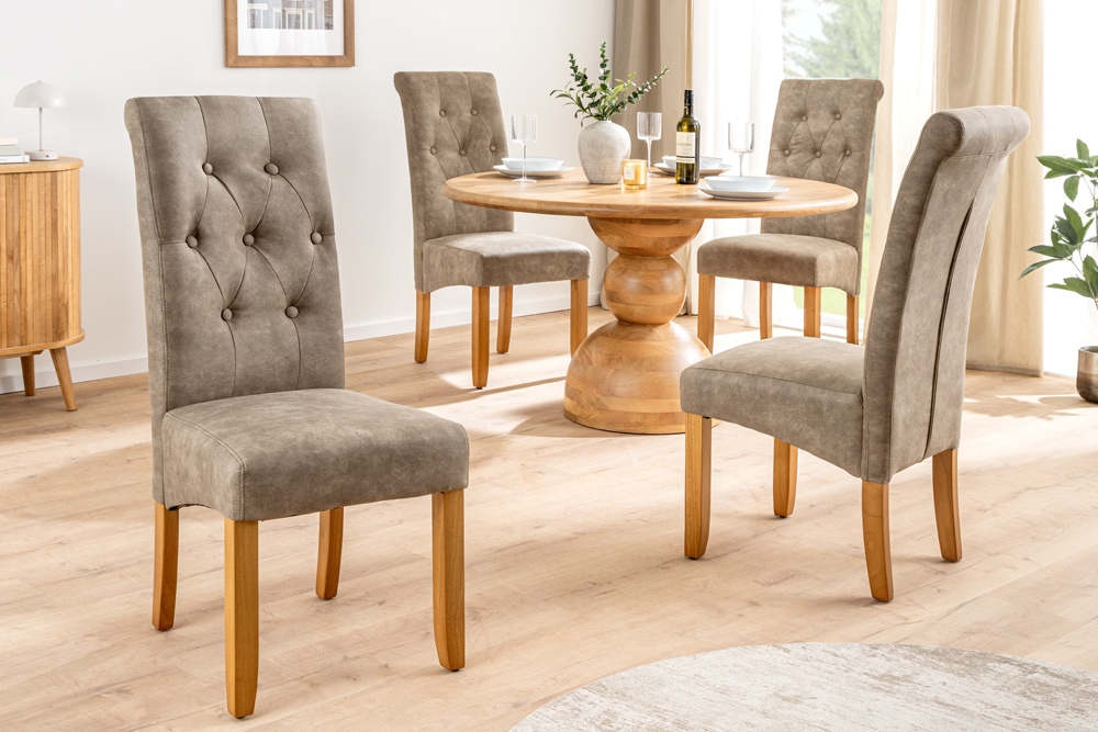 Design Stuhl CASA taupe Microfaser mit Zierknöpfen Massivholzbeine