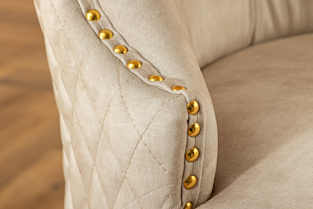 Barock Stuhl CASTLE DELUXE beige Samt gold Edelstahl mit Löwenkopf Ziernieten