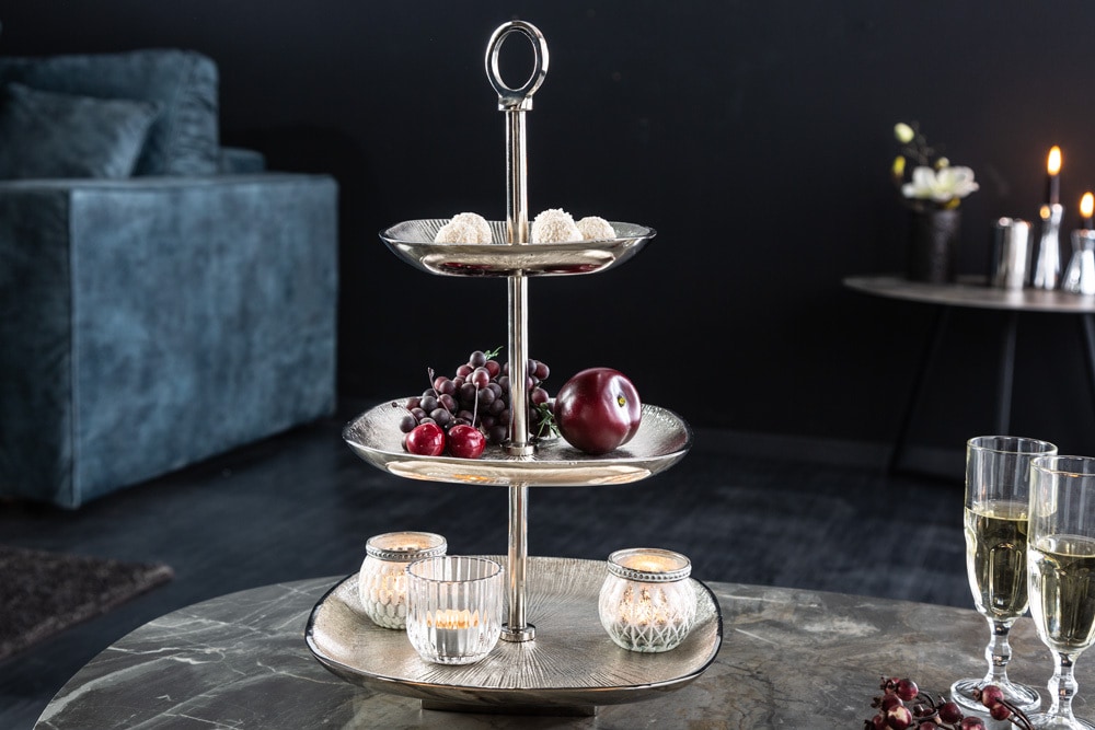 Moderne Etagere ORIENT 45cm silber Hammerschlag-Design mit drei Etagen