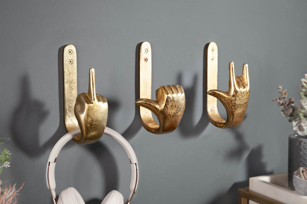 Extravagante Kleiderhaken FINGERS gold Metall-Aluminium 3er Set Wandgarderobe