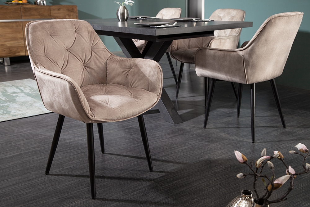 Design Stuhl MILANO champagner beige Samt mit Armlehne gepolstert schwarze Metallbeine