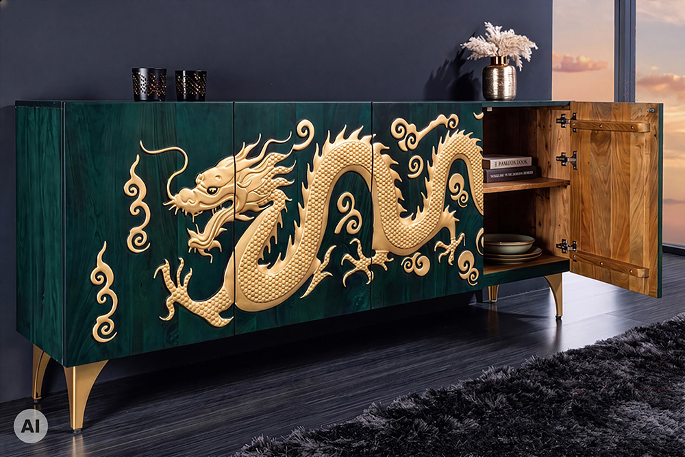 Massives Sideboard DRAGON 180cm türkis gold Mangoholz Metall 3D-Front handmade