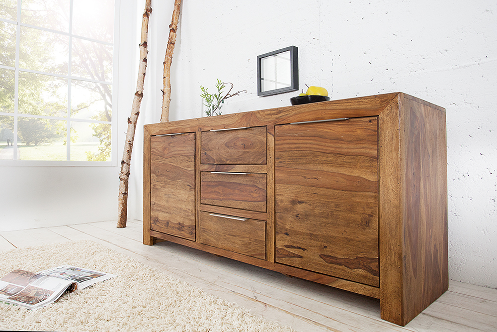 Massivholz Sideboard PURE 135cm braun Sheesham stone finish Kommode mit Schubladen