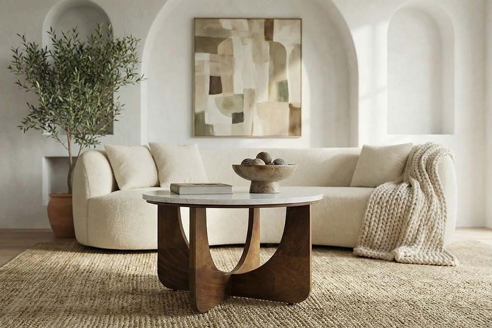 Runder Couchtisch ENSO 60cm weiß Marmor braun massiv Mangoholz » Jetzt kaufen