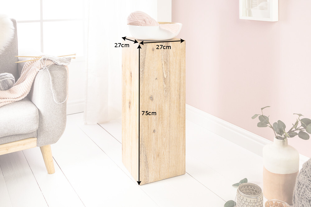 Massivholz Dekosäule COLUMNA 75cm Akazie teakgrau gekälkt Beistelltisch