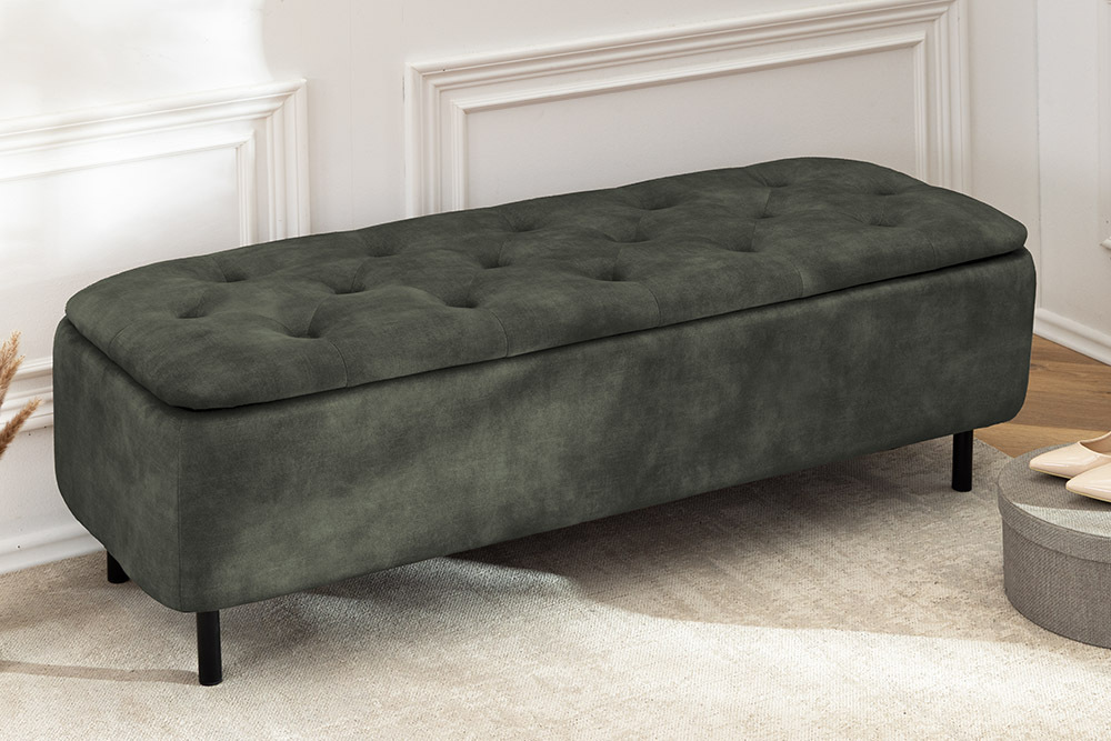 Extravagante Polsterbank EN VOGUE 120cm grün Samt mit Stauraum schwarze Metallbeine
