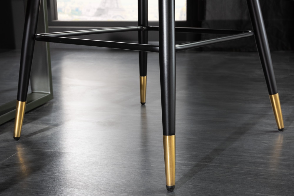 Design Barhocker PARIS greige Samt mit Lehne Metall schwarz gold Ziersteppung