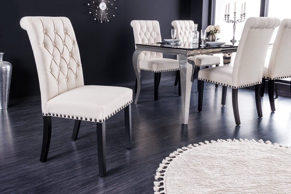 Design Stuhl CASTLE beige schwarz Strukturstoff Holzfüße Chesterfield