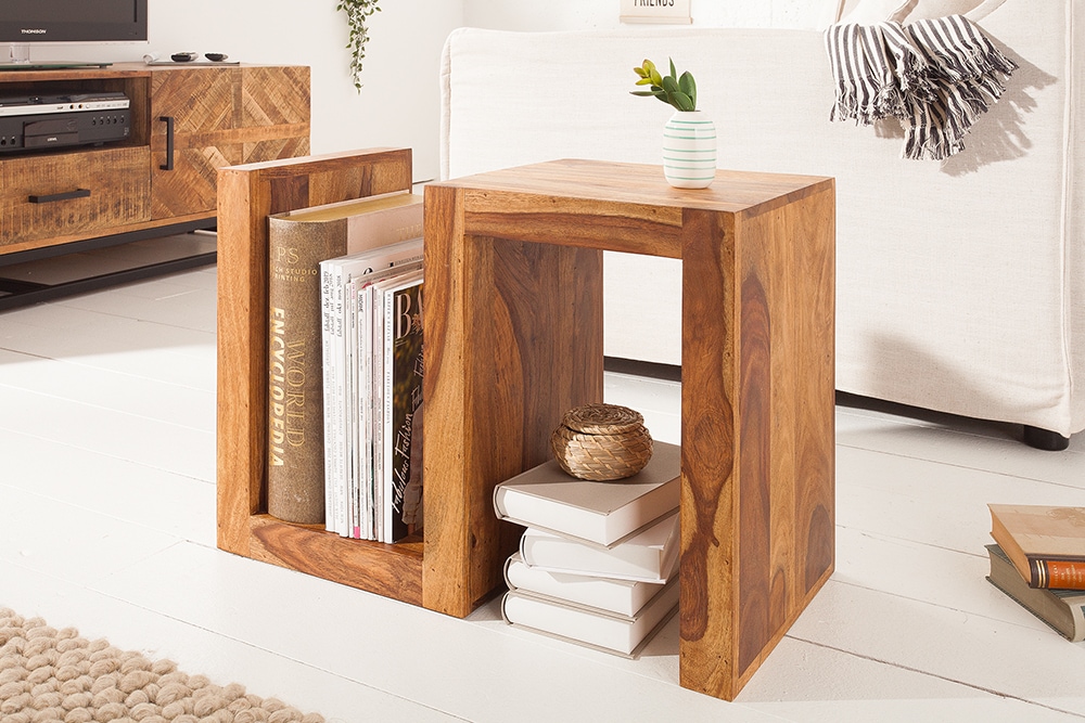 Handgearbeiteter Beistelltisch S 60cm braun Sheesham Massivholz stone finish Ablage
