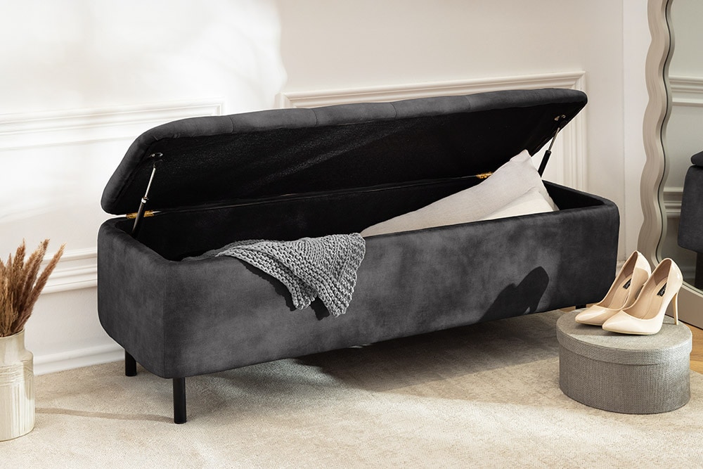 Extravagante Polsterbank EN VOGUE 120cm grau Samt mit Stauraum schwarze Metallbeine