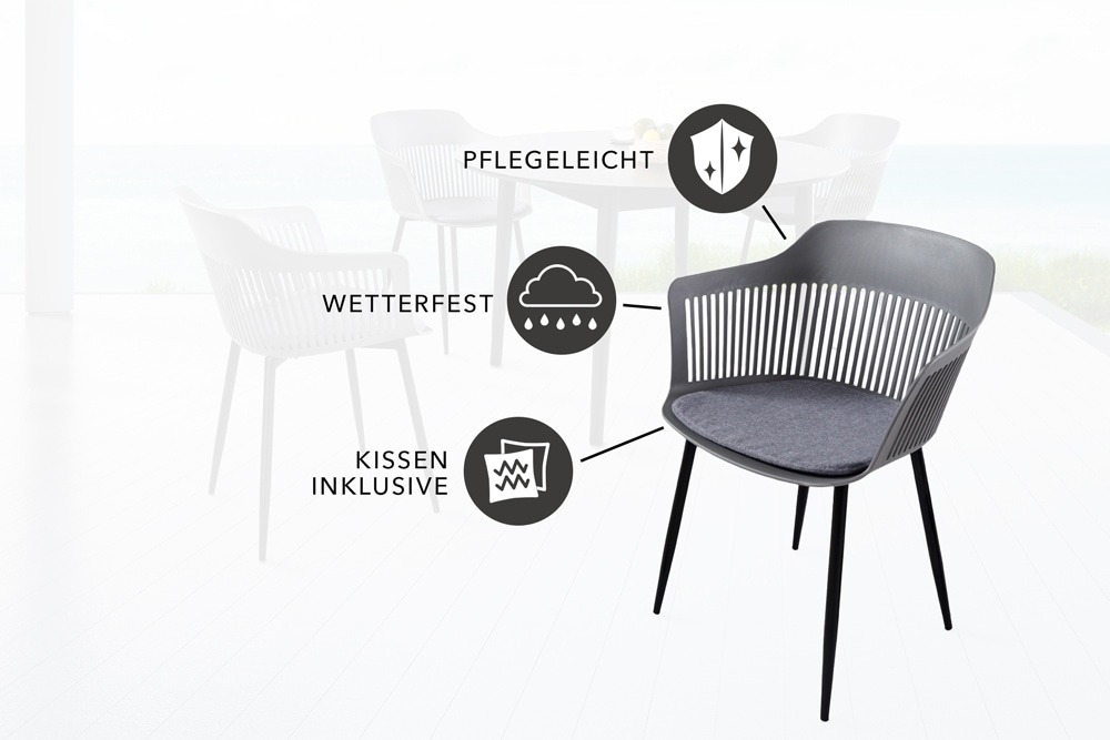 Design Stuhl AIRE grau Kunststoff Stahlgestell Indoor Outdoor inkl. Kissen