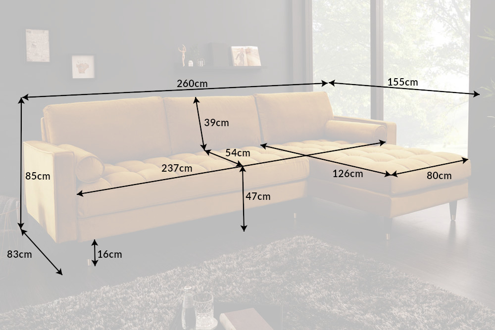 Elegantes Ecksofa COZY VELVET 260cm senfgelb Samt Federkern 3-Sitzer