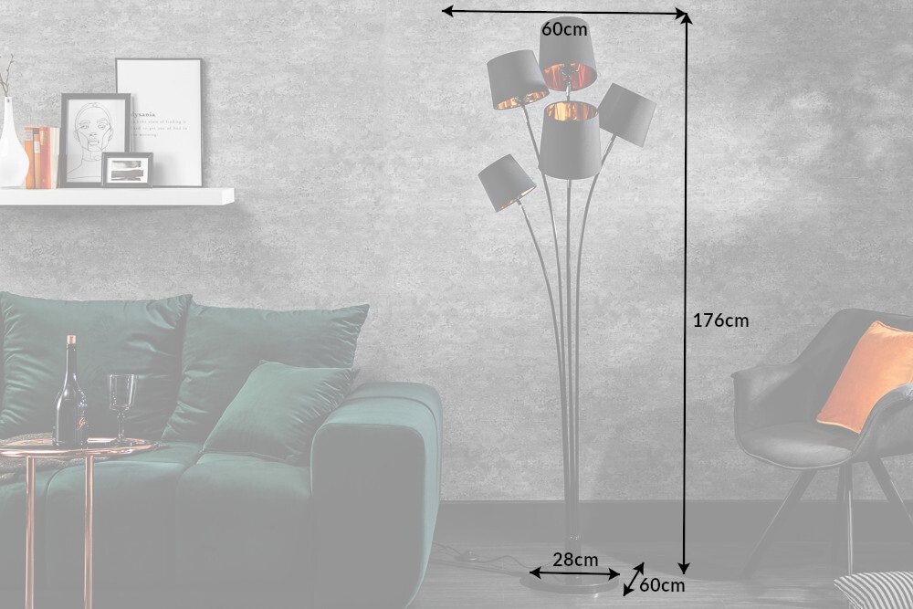 Design Stehlampe LEVELS 176cm mit 5 Leinenschirmen schwarz gold Stehleuchte
