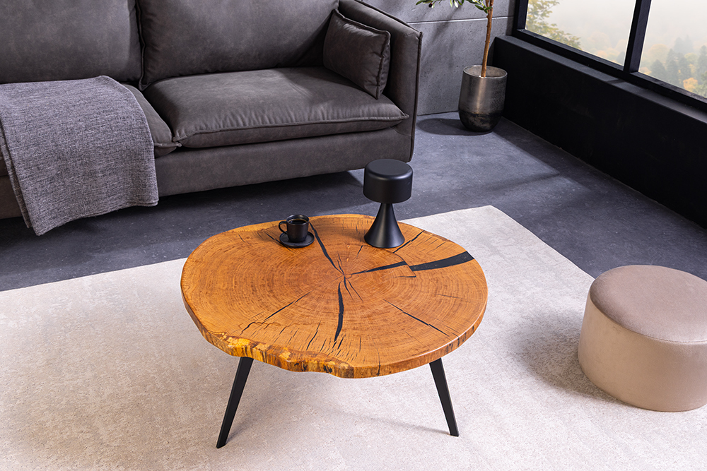 Runder Couchtisch ARBOR 75cm natur Eiche Massivholz schwarz Metall Beistelltisch