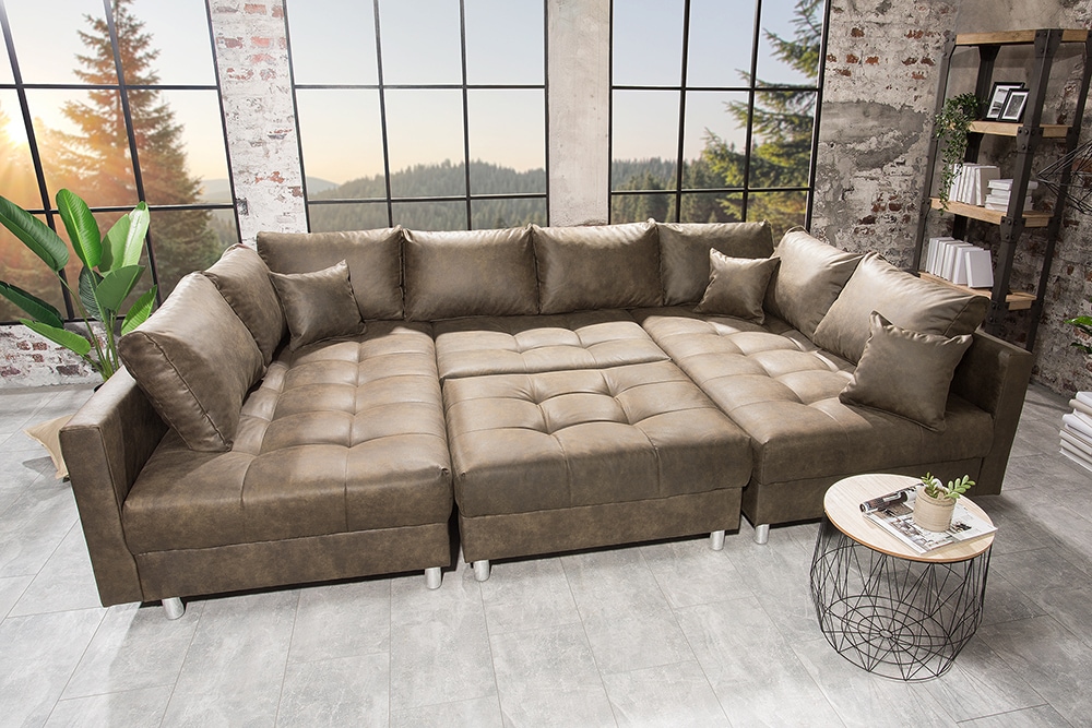 Moderne XXL Wohnlandschaft KENT 305cm taupe Federkern Bigsofa inkl. Hocker