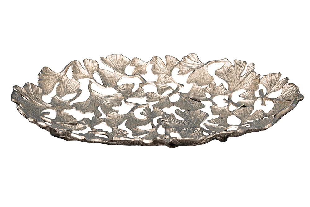Dekorative Schale GINKGO LEAFS 40cm silber handmade Metall