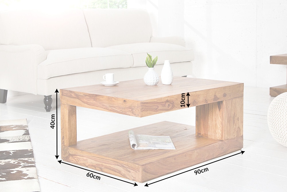 Massiver Edelholz Couchtisch GIANT L 90cm braun Sheesham stone finish mit Ablage