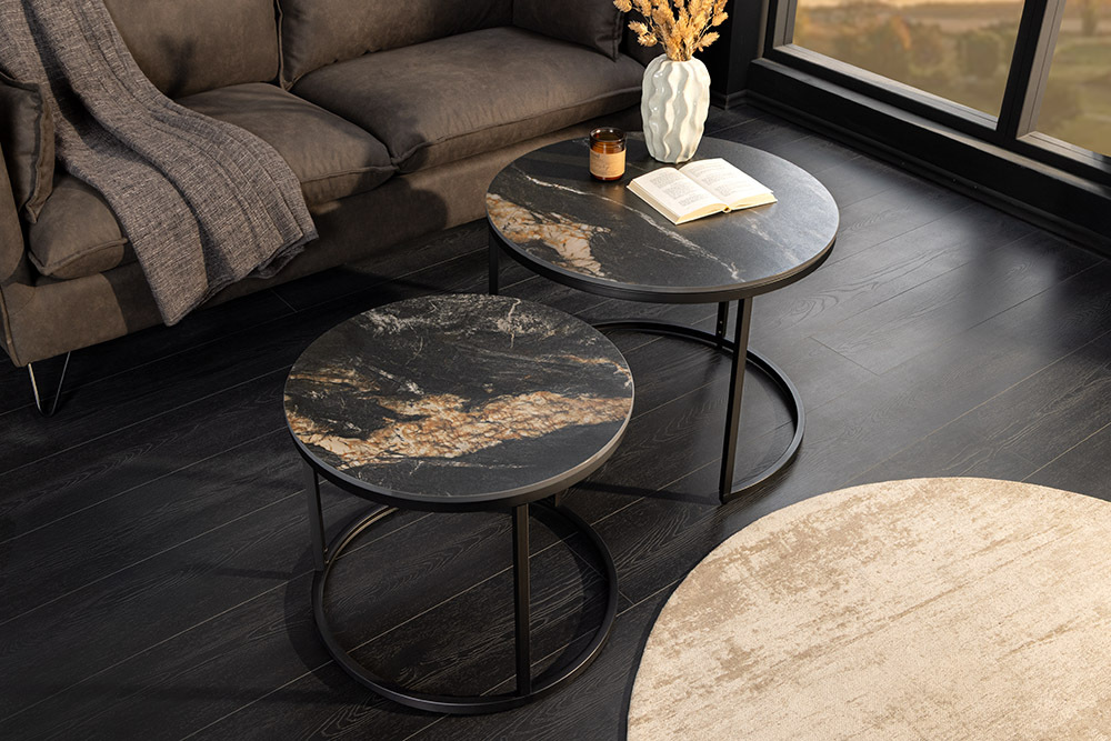 Rundes 2er Set Couchtische ELEGANCE 75cm schwarz gold sand Aurora Oro Keramik