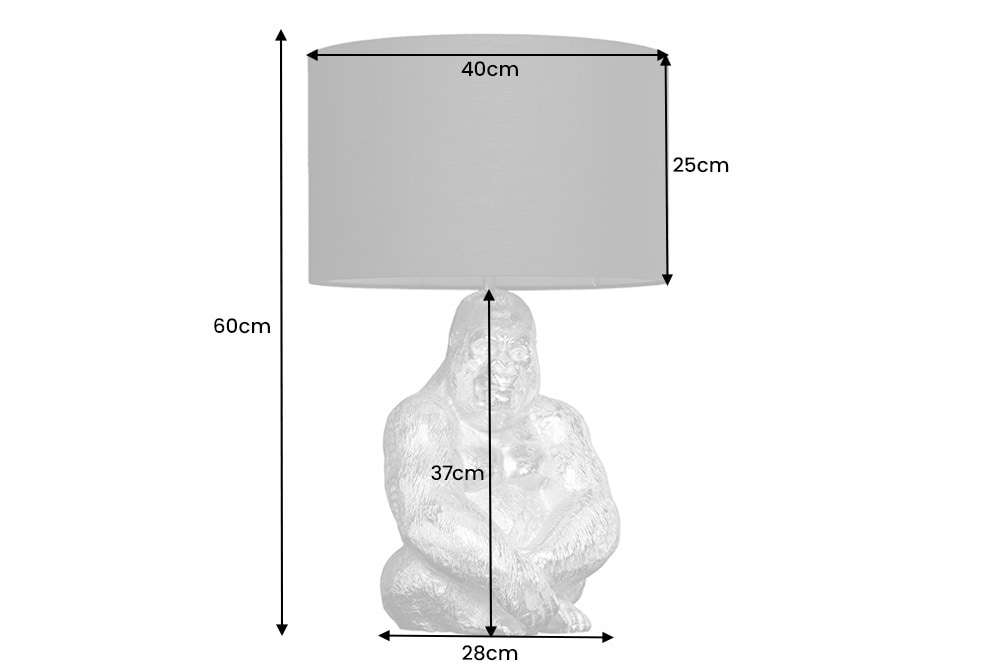 Handmade Tischlampe KONG 60cm silber Metall Affe Gorilla Dekoleuchte schwarzer Lampenschirm