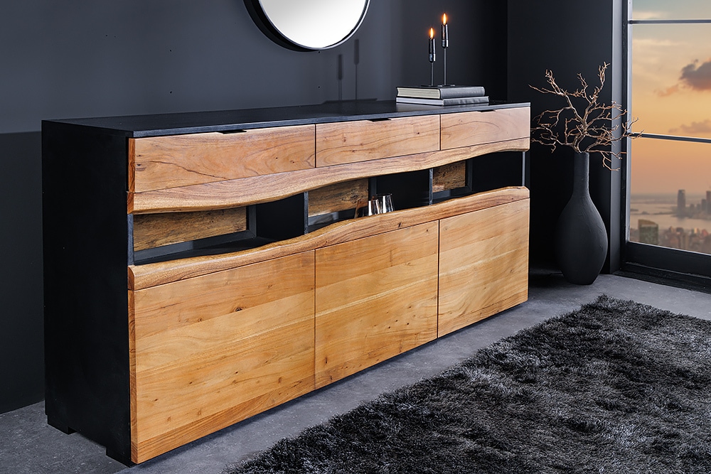 Massivholz Sideboard GRAND ACACIA 180cm braun Akazie mit LED-Beleuchtung Baumkante