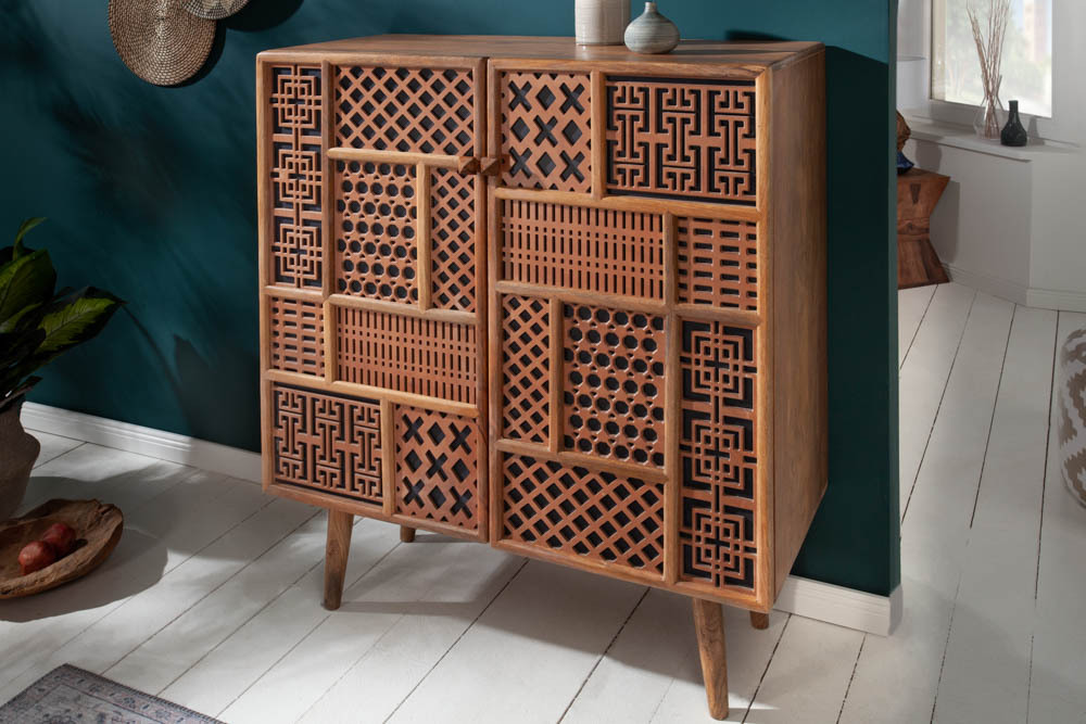 Massives Highboard MARRAKESCH 120cm Mangoholz mit Verzierung Boho Stil