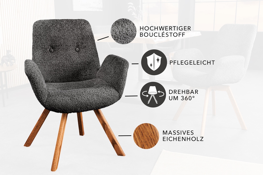 Drehbarer Design Stuhl BALTIC dunkelgrau Bouclé natur Eiche Massivholz mit Armlehne