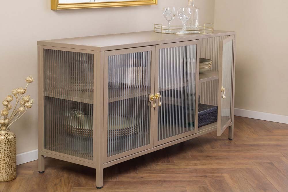 Modernes Sideboard AMSTERDAM 105cm greige gold Vitrine Schrank Riffelglas Metall