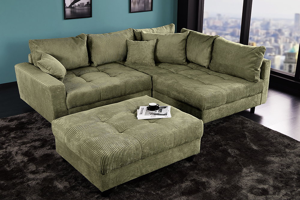 Modernes Ecksofa KENT 220cm grün Cord inkl. Hocker Federkern L-Form Wohnlandschaft