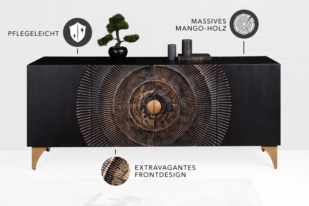 Handgearbeitetes Sideboard GOLDEN SUNSET 180cm schwarz mit 3D Schnitzereien gold Mangoholz Metallbeine