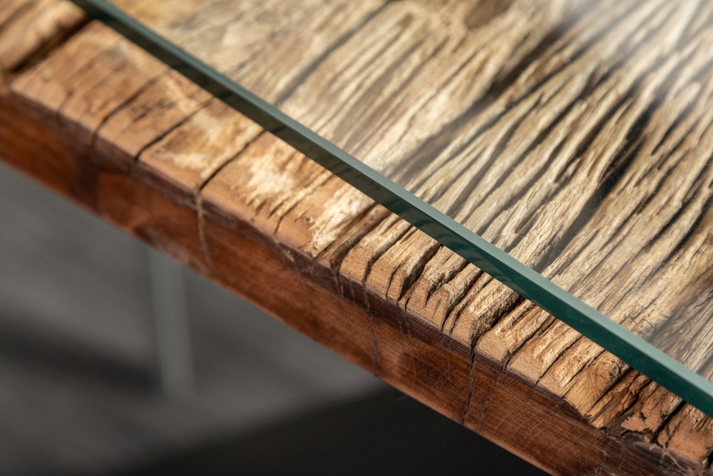 Massivholz Esstisch BARRACUDA 220cm natur Teak schwarz Metall X-Gestell inkl. Glasplatte