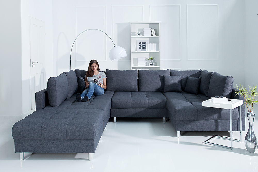 Moderne XXL Wohnlandschaft KENT 305cm anthrazit Federkern Bigsofa inkl. Hocker