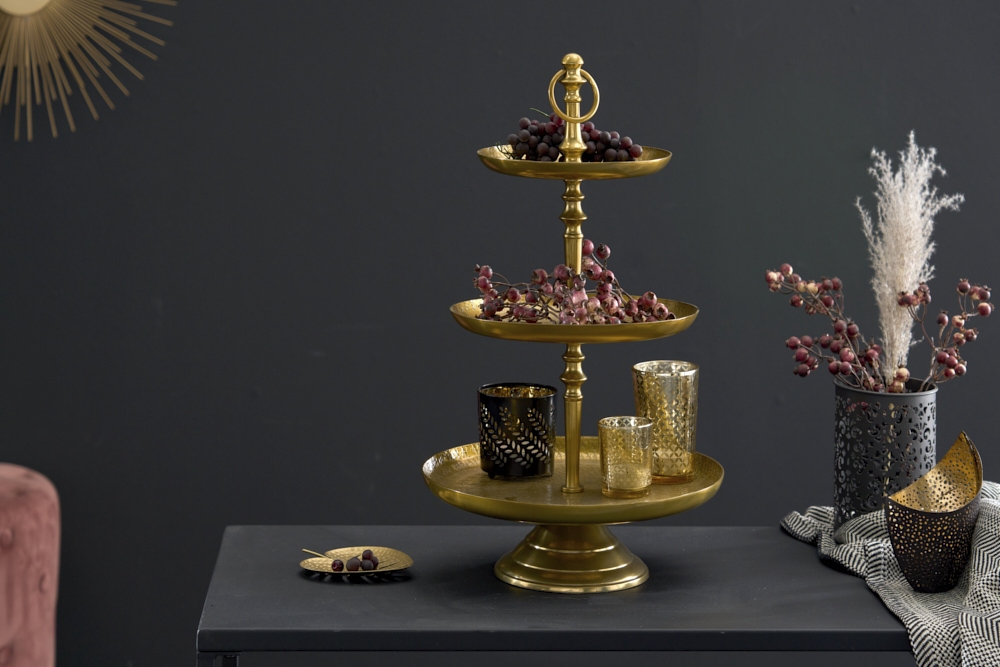 Etagere ORIENT 50cm gold im Hammerschlag Design mit drei Etagen