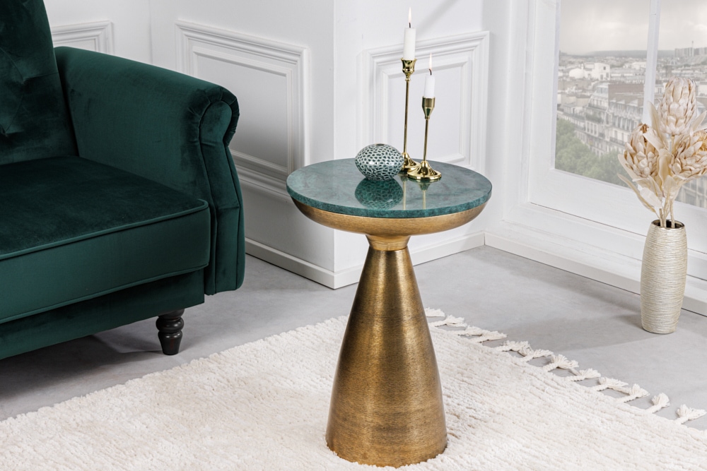 Handgearbeiteter Beistelltisch ELEMENTS 60cm gold grün Marmor rund