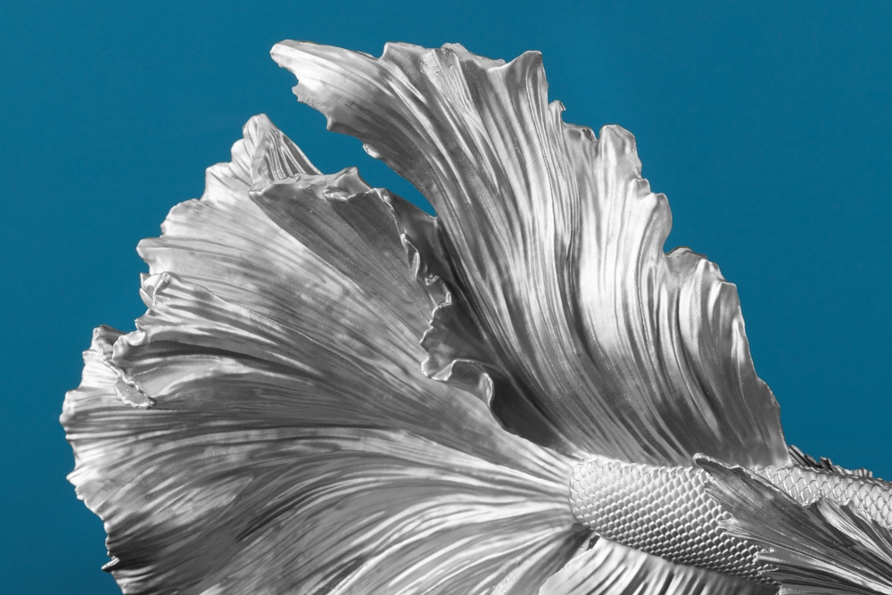 Design Deko Figur Kampffisch CROWNTAIL 35cm silber Betta Fisch Skulptur