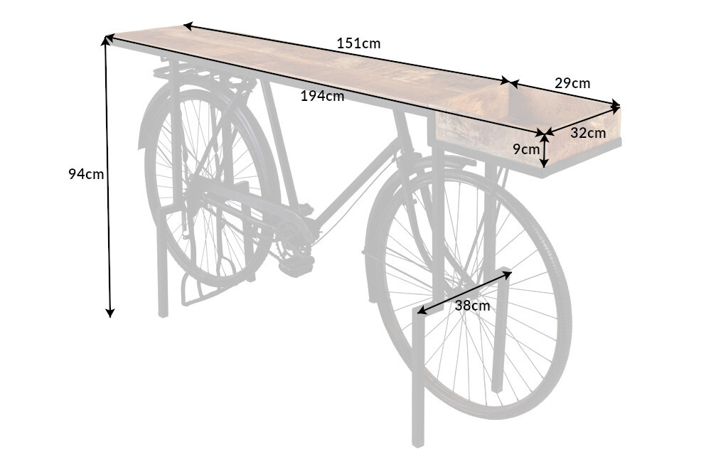 Retro Konsolentisch BICYCLE 195cm Mangoholz Fahrrad Bartisch Upcycling