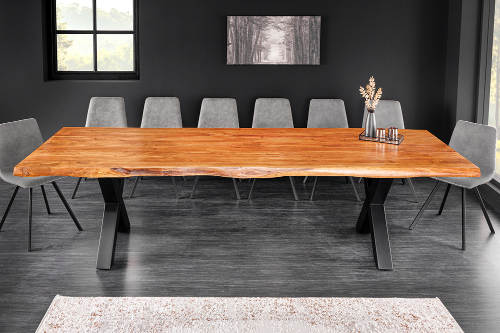 Massivholz Esstisch MAMMUT 300cm Akazie X-Gestell schwarz Metall Baumkante 6cm Tischplatte