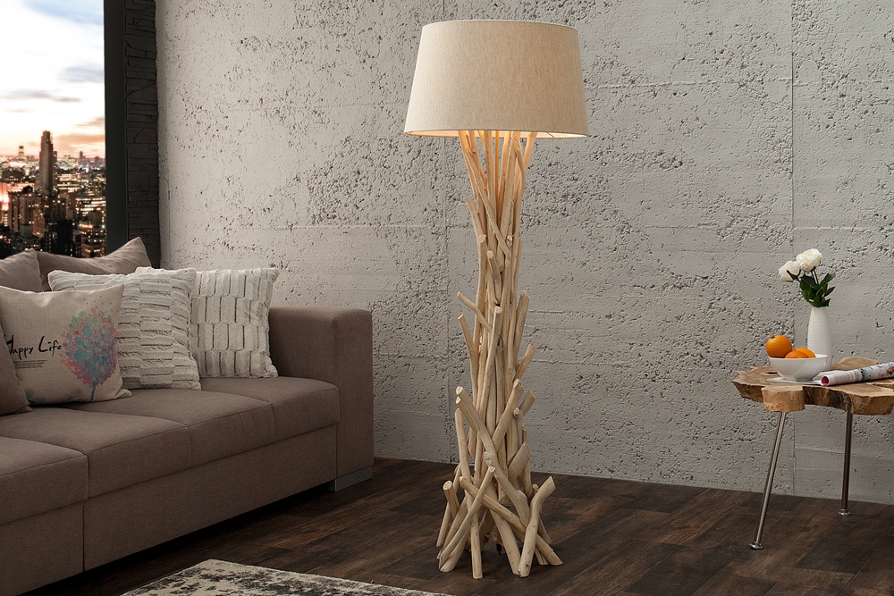 Handgefertigte Treibholz Stehlampe WILD NATURE 155cm sand mit Leinenschirm