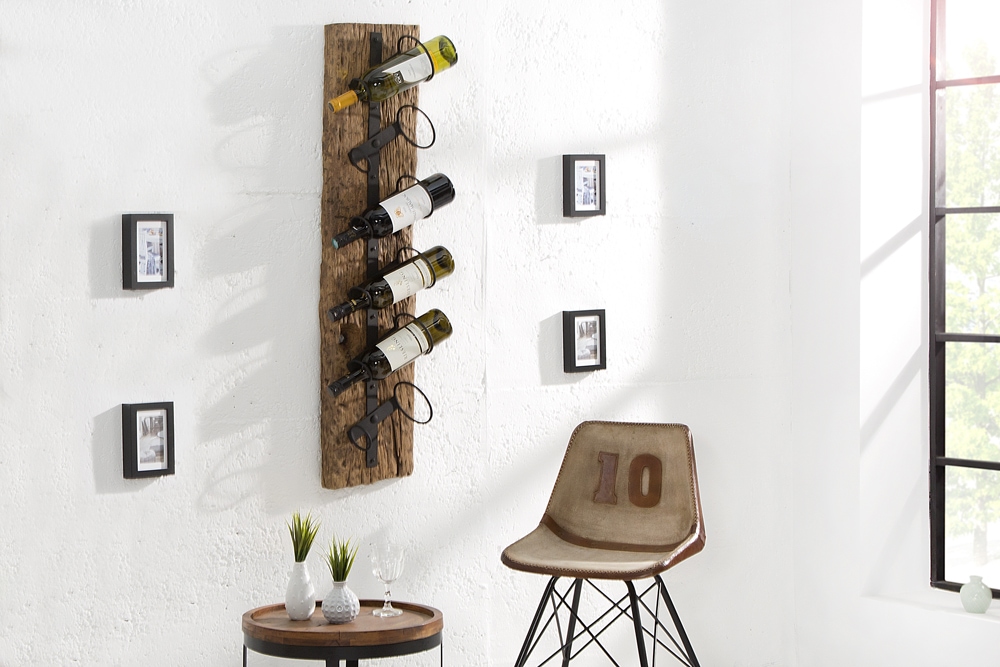 Massives Wand Weinregal BARRACUDA 100cm natur Teakholz Flaschenhalter