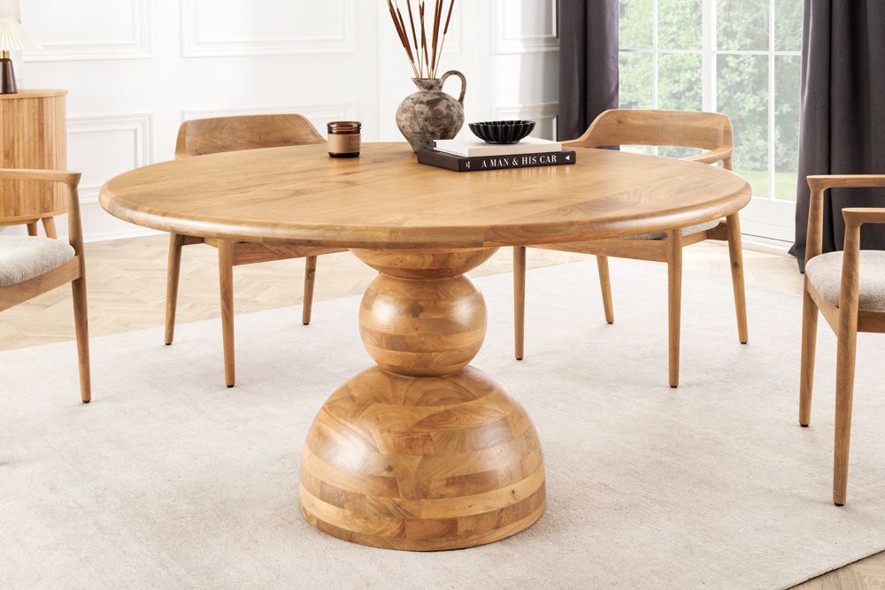 Massiver Esstisch MAESTRO 130cm creme Mangoholz rund mit Säulenfuß