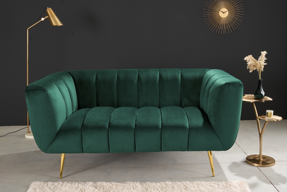 Design 2-Sitzer Sofa NOBLESSE 165cm smaragdgrün Samt Federkern goldene Metallfüße